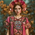 Day Of The Dead Sugar Skull Roses Floral Embroidered Contrast Linen Shirt
