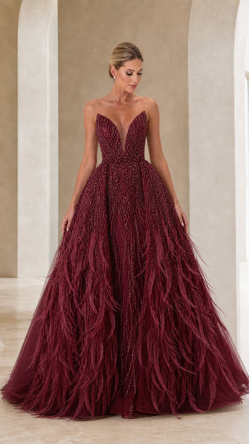 Strapless Plunging V-Neck Beaded Tulle Ball Gown with Feather Accents
