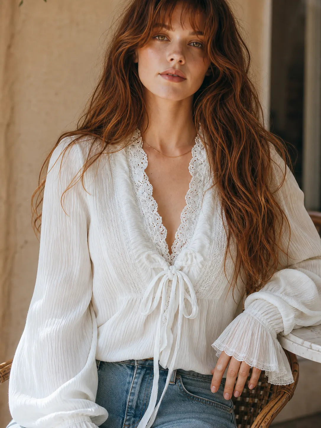 Boho Ruffled V-Neck White Pleated Lace Tie-Front Blouse