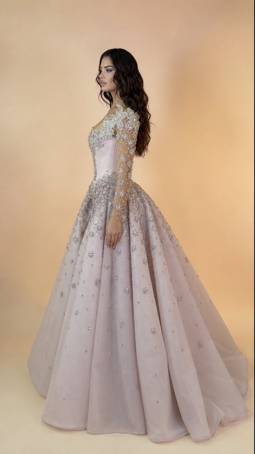 Crystal Embellished Illusion Neckline Long Sleeve Ball Gown with Overskirt