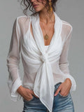 Sheer Crinkled Chiffon Wrap Front Tie Knot Long Sleeve Blouse With Camisole