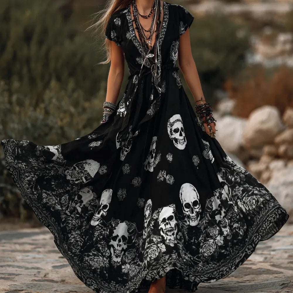 Ladies' Skull And Flower Vintage Print Linen Black Short-sleeved Long Dress