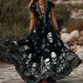 Ladies' Skull And Flower Vintage Print Linen Black Short-sleeved Long Dress