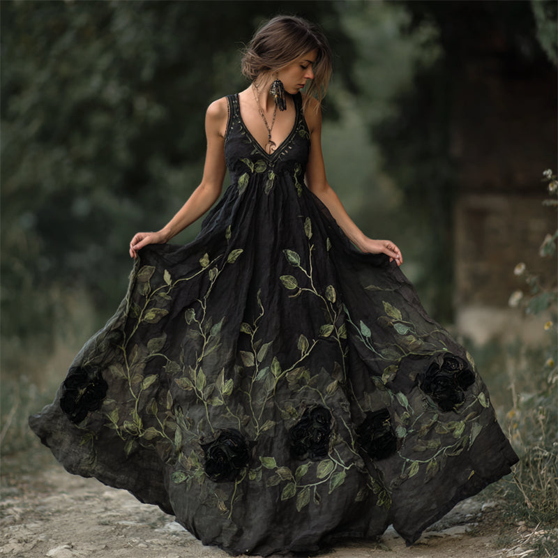 Vintage Black Roses Vines Flowy Linen Maxi Dress