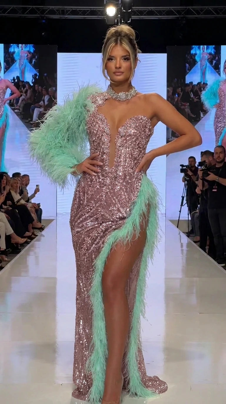 One-Shoulder Feather Trim Sequin Evening Gown with Slit