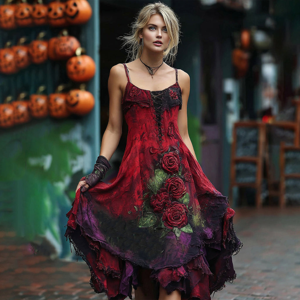 Vintage Red Rose Embroidery Beaded Gradient Halloween Maxi Dress