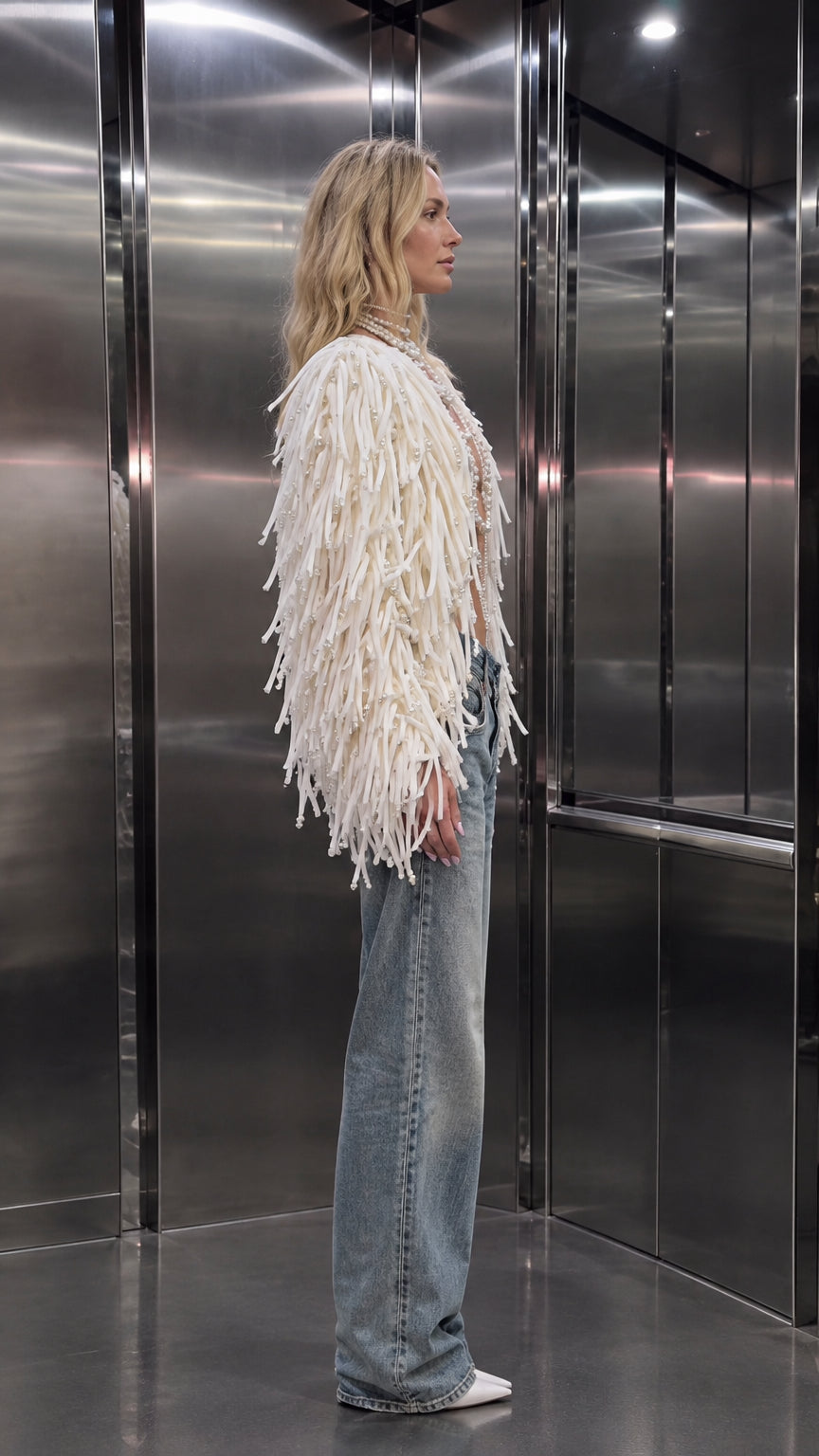 Faux Pearl Embellished Shaggy Fringe Jacket with Open Front