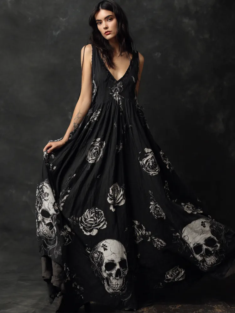 Halloween Gothic Dark Style Skeleton Element Women's V-neck Long Dress