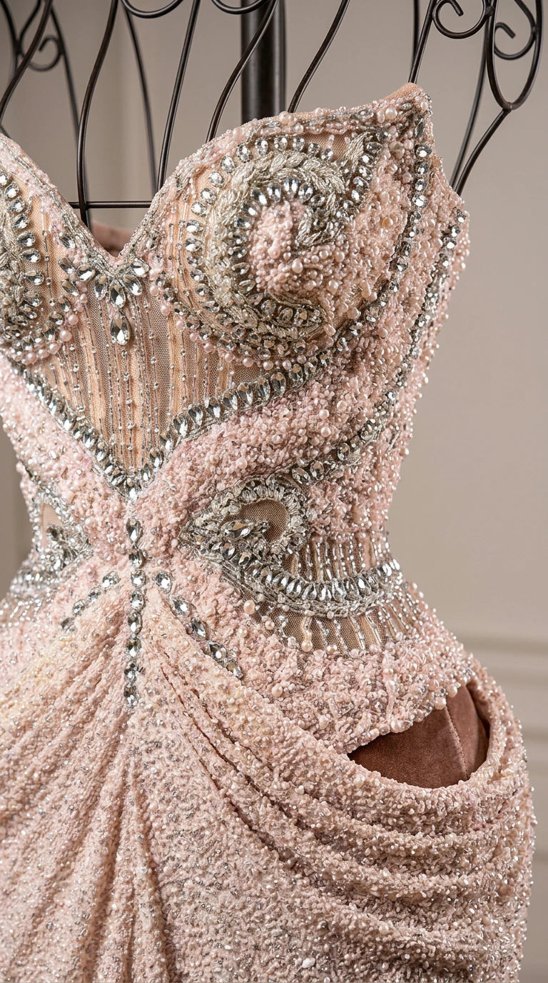 Embellished Sweetheart Corset Evening Gown with Ruched Hip Drape and Slit