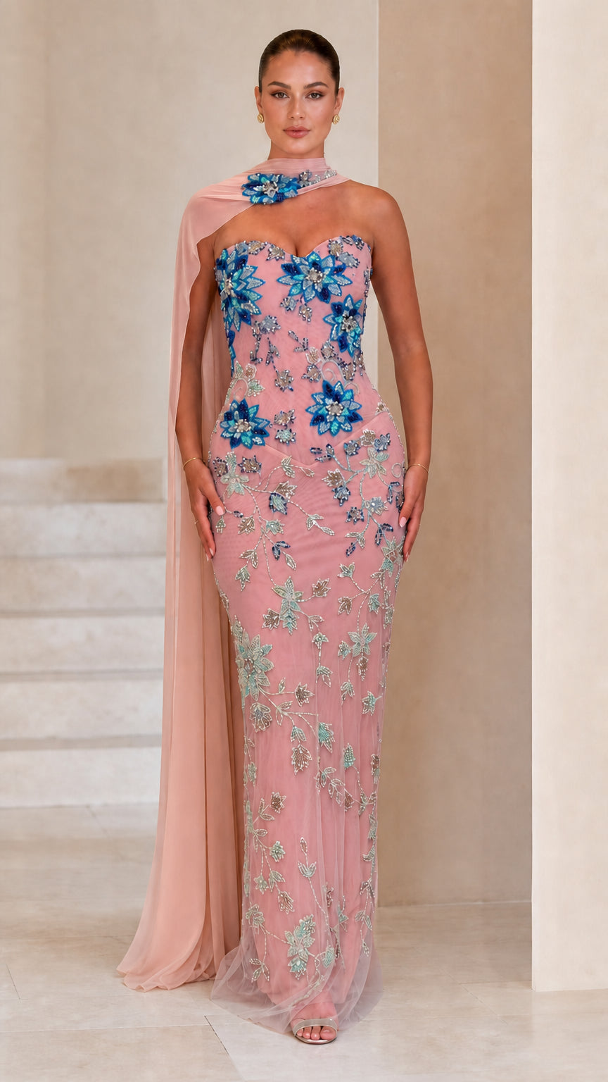 Strapless Beaded Floral Column Evening Gown with Sheer Cape