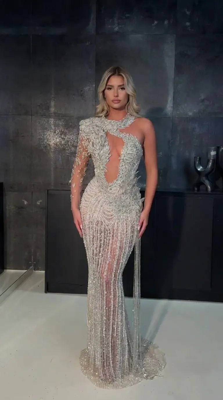 One-Shoulder Cutout Sequin Beaded Evening Gown with Long Sleeve