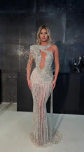 One-Shoulder Cutout Sequin Beaded Evening Gown with Long Sleeve