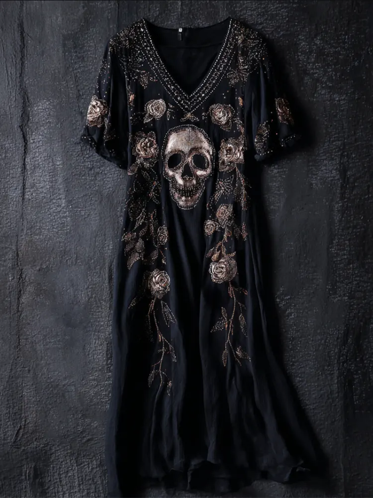 Halloween Skeleton Element V-neck Short Sleeve Dress
