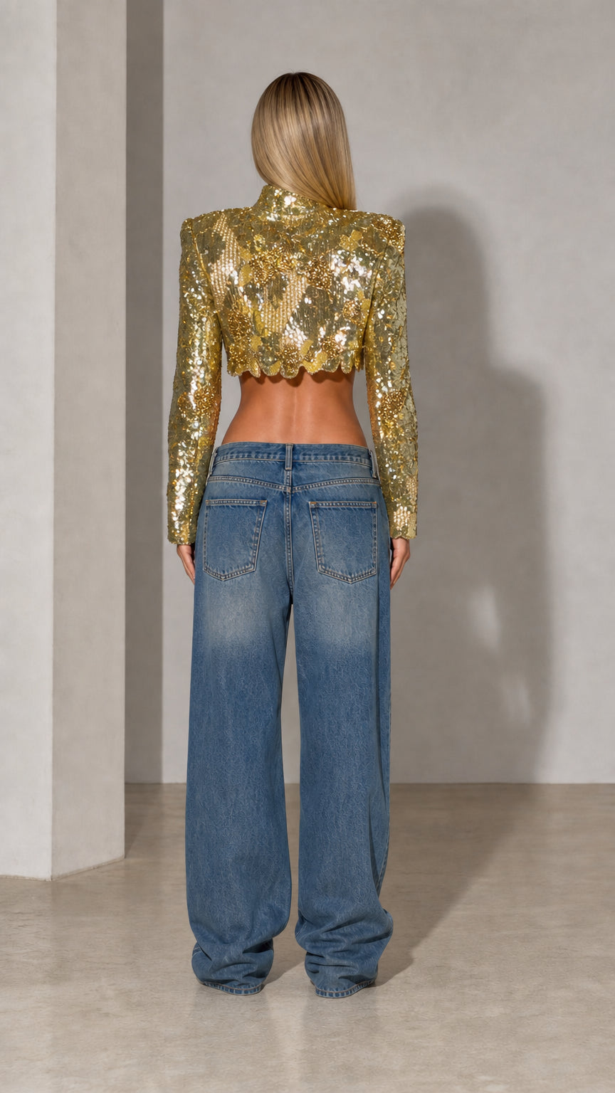 High Neck Sequin Cropped Top with Scalloped Hem
