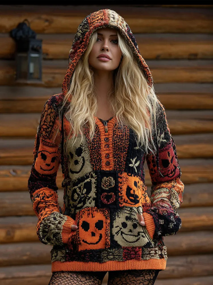 Halloween Patchwork Hooded Casual Knitted Top