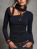 Retro Asymmetrical Shoulders Contrast Trim Knit Blouse