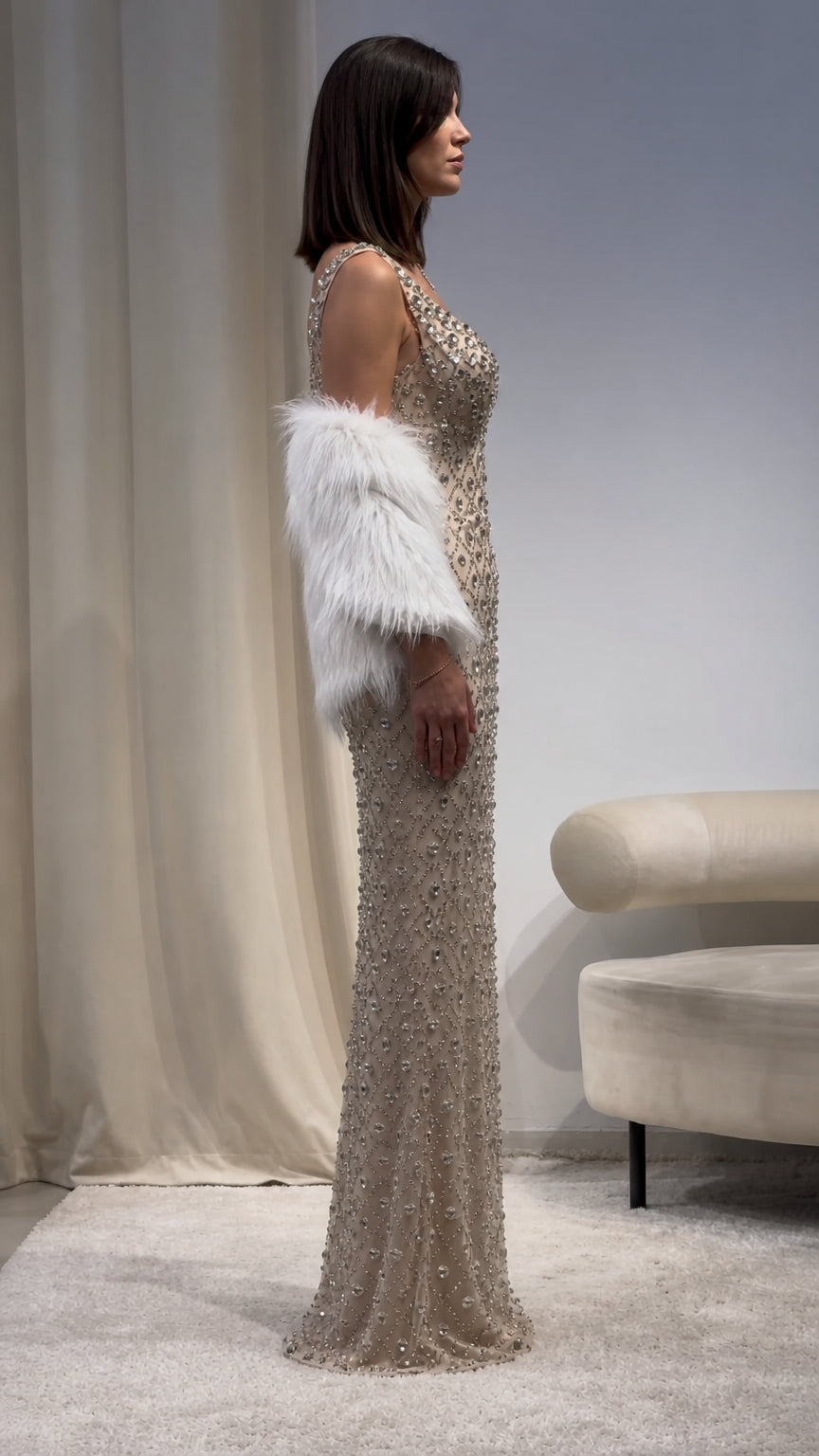 Sleeveless Deep V-Neck Rhinestone Embellished Evening Maxi Gown