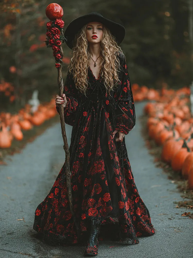 Women's  Classic Halloween Rose And Spider Web Art Comfy Velvet Maxi Dress