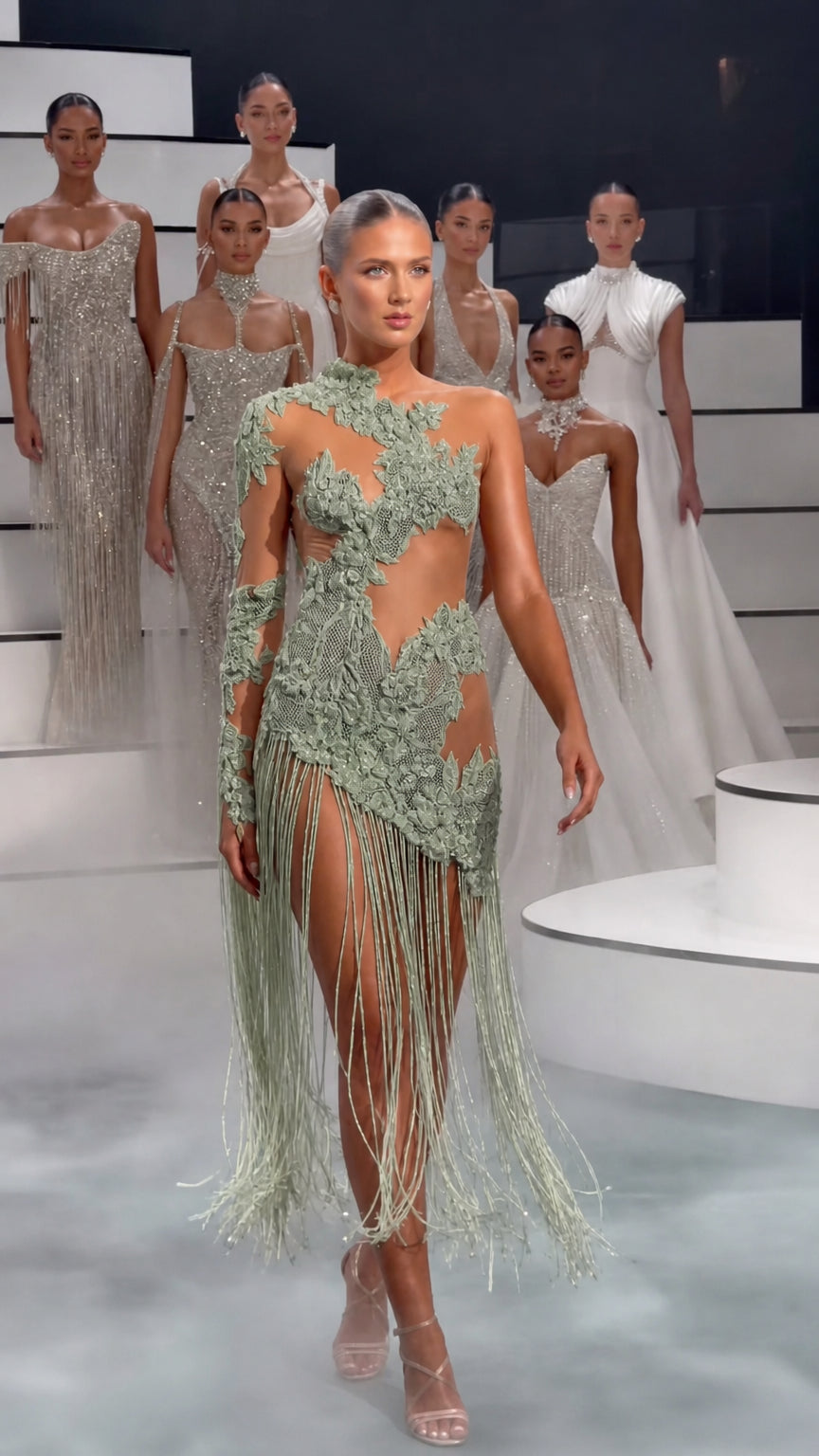 Asymmetric Embroidered Lace Cutout Fringe Evening Maxi Dress