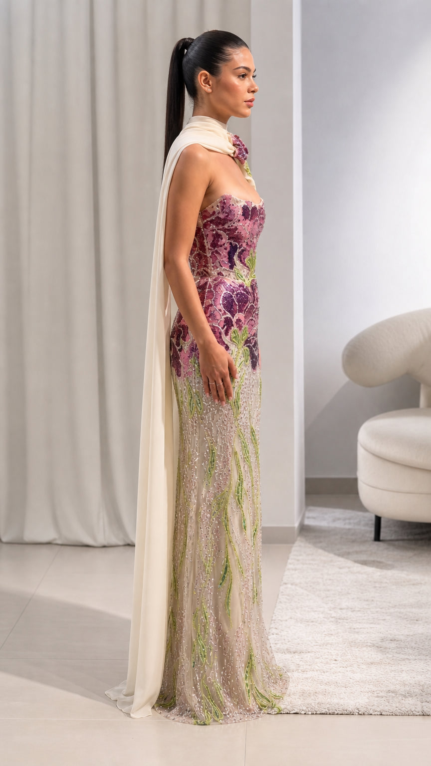 Strapless Floral Beaded Evening Gown with Matching Chiffon Cape Scarf