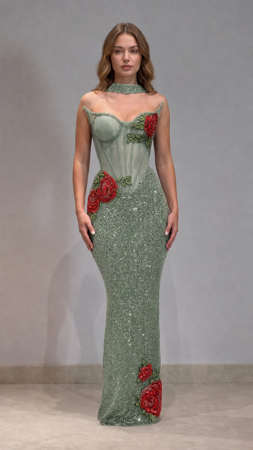 Embroidered Rose Boned Corset Sequin Mermaid Evening Gown with Choker