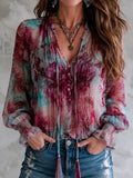 Boho Floral Print Tassel Tie Smocked Cuff Long Sleeve Blouse