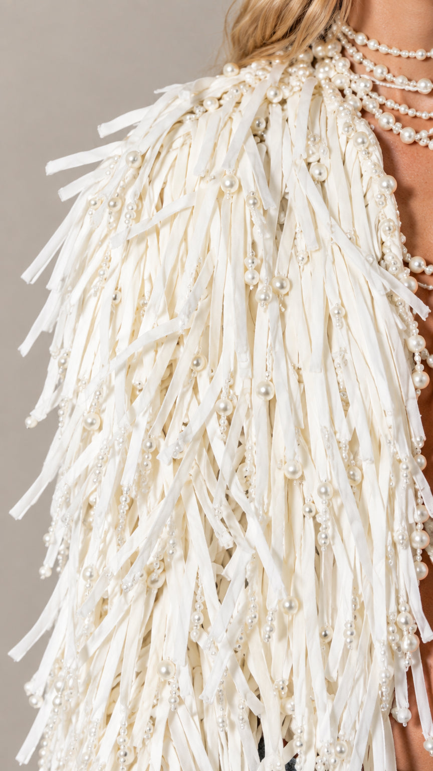 Women's Pearl Embellished Shaggy Fringe Open Front Statement Jacket