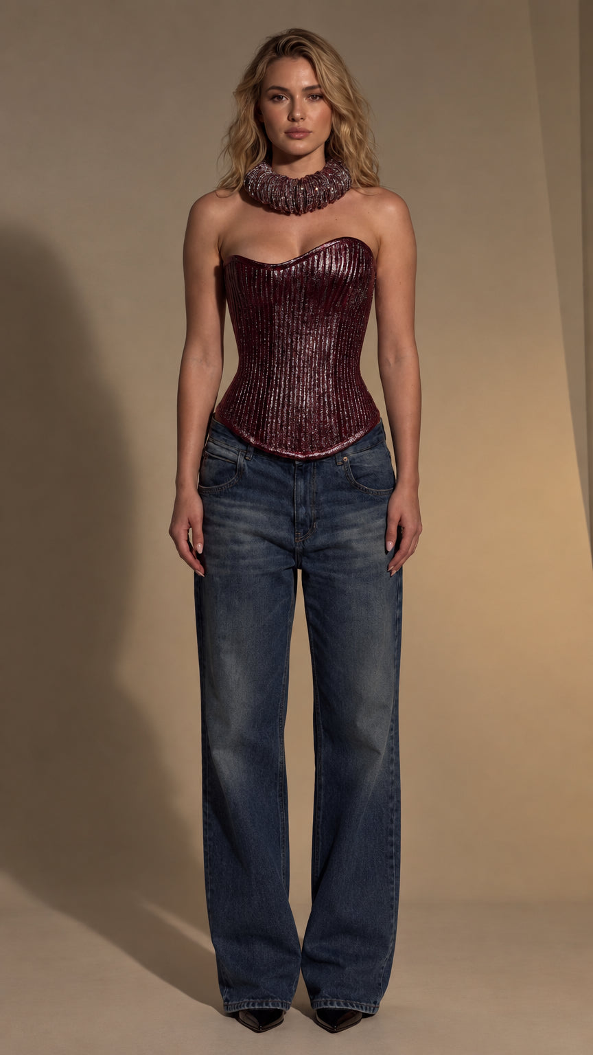 Metallic Pleated Strapless Corset Top with Lace-Up Detail