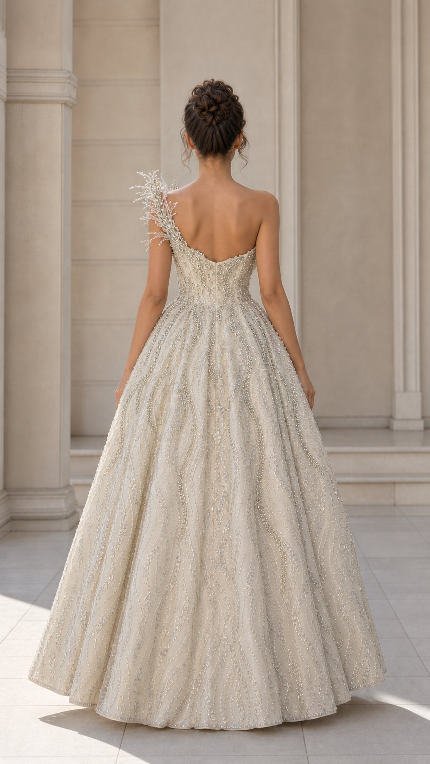 Asymmetrical Feather Accent Beaded Ball Gown