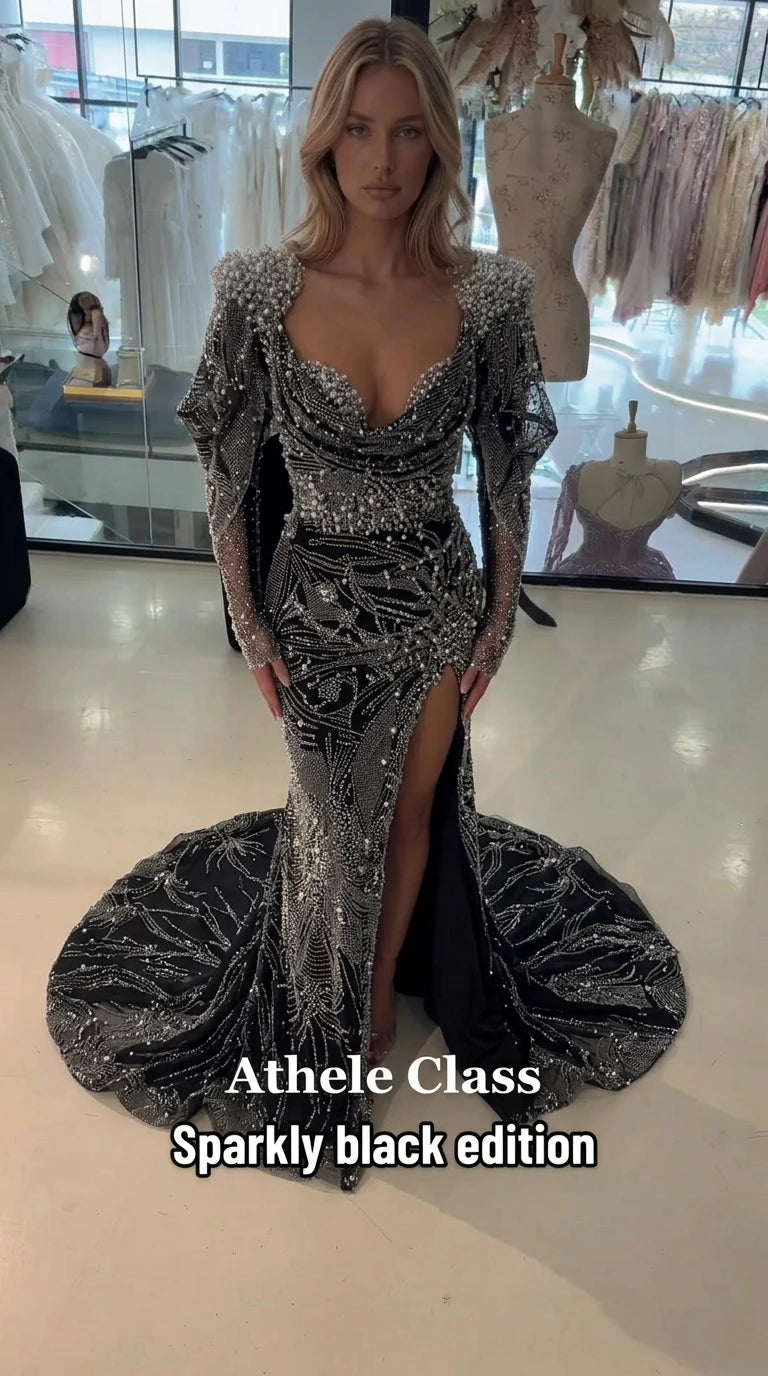 Sparkling Beaded Cowl Neck Long Sleeve Evening Gown with Slit