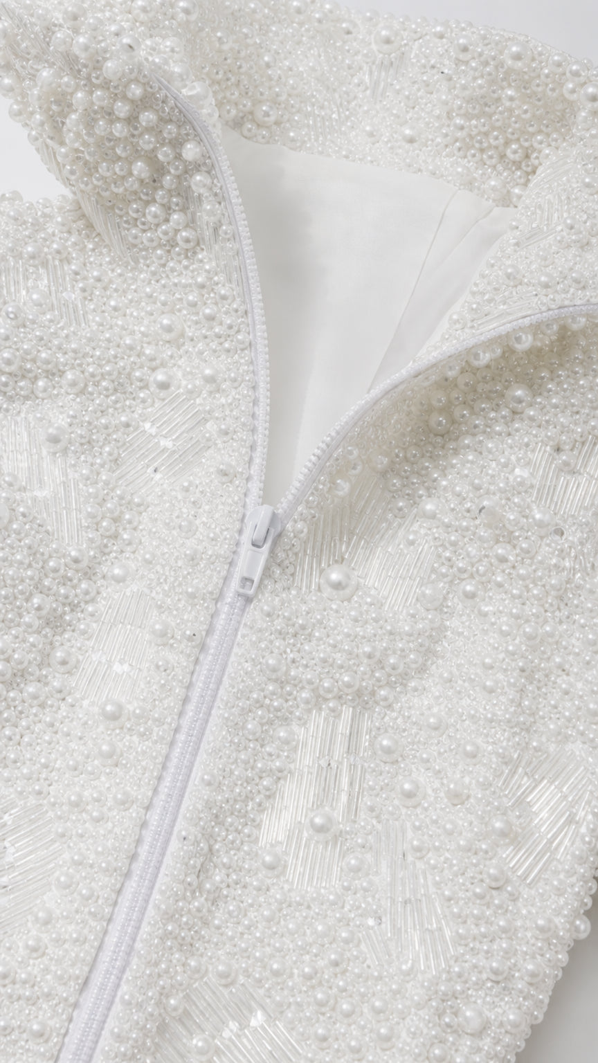 Pearl Embellished Hooded Flare Jumpsuit with Front Zipper