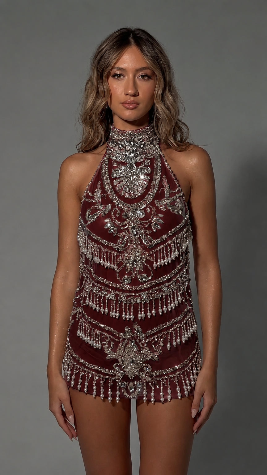Halter Neck Beaded Fringe Mini Dress with Open Back