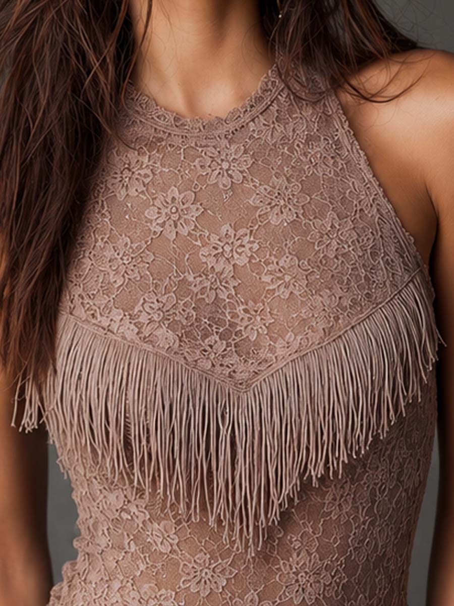 Western Fringe Floral Lace Halter Sleeveless Tank Top
