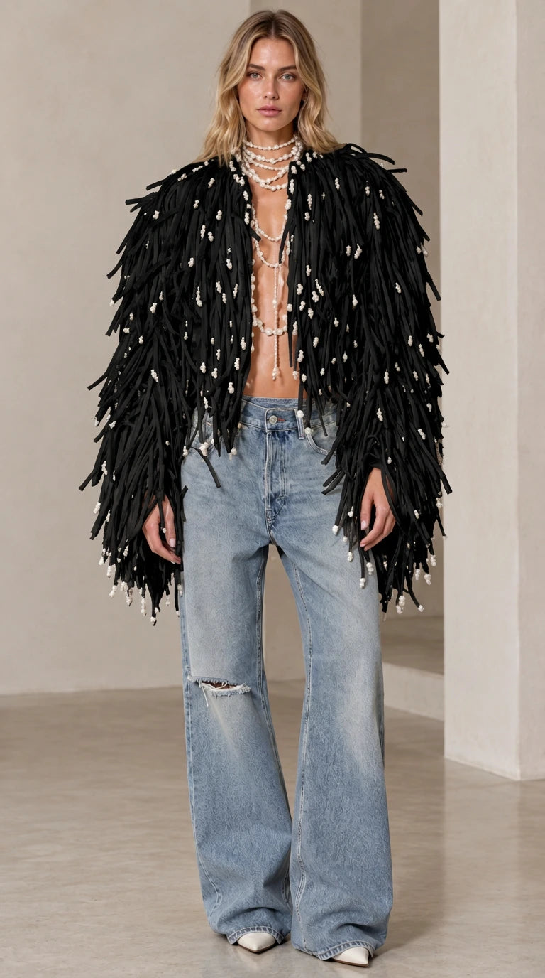 Women's Pearl Embellished Shaggy Fringe Open Front Statement Jacket