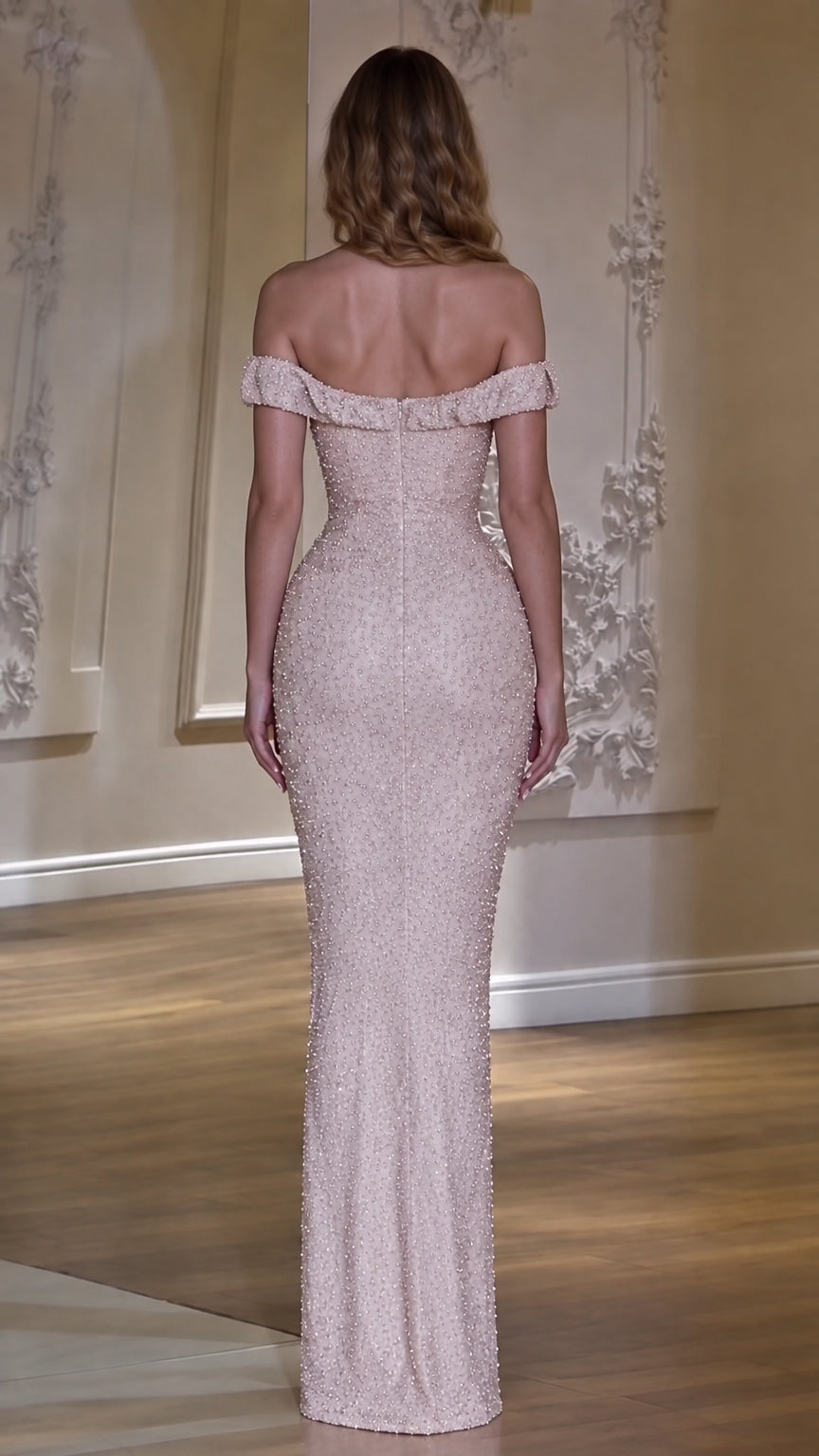 Off-The-Shoulder Beaded Rosette Evening Gown