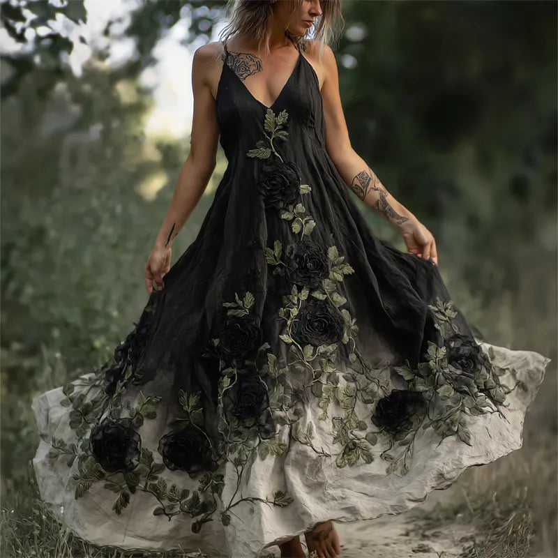 Vintage Gothic Black Roses Vines Gradient Flowy Linen Dress