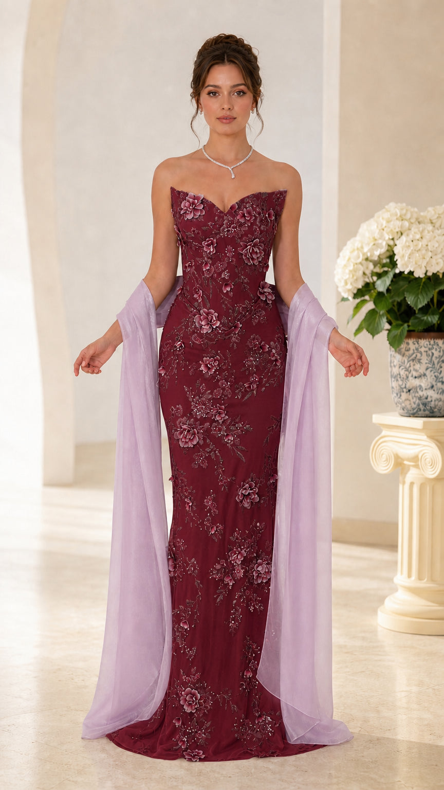 Strapless 3D Floral Embroidered Evening Gown with Sheer Wrap