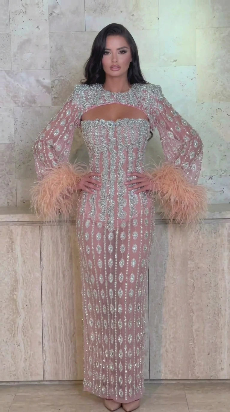 Embellished Cutout Column Gown with Feather Trimmed Cuffs