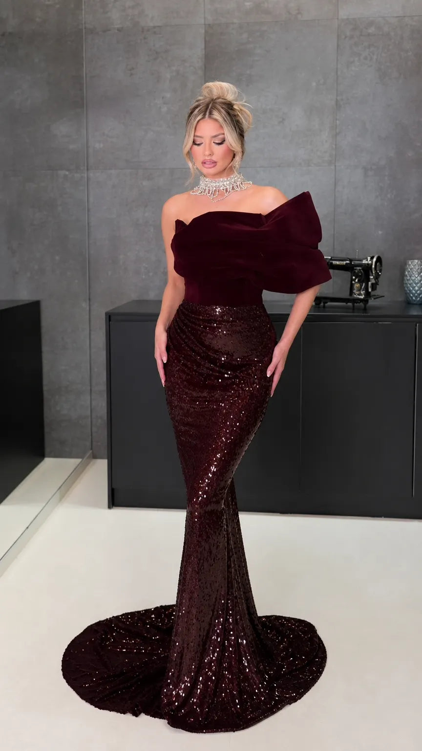 One-Shoulder Velvet and Sequin Mermaid Evening Gown with Sculptural Draped Sleeve