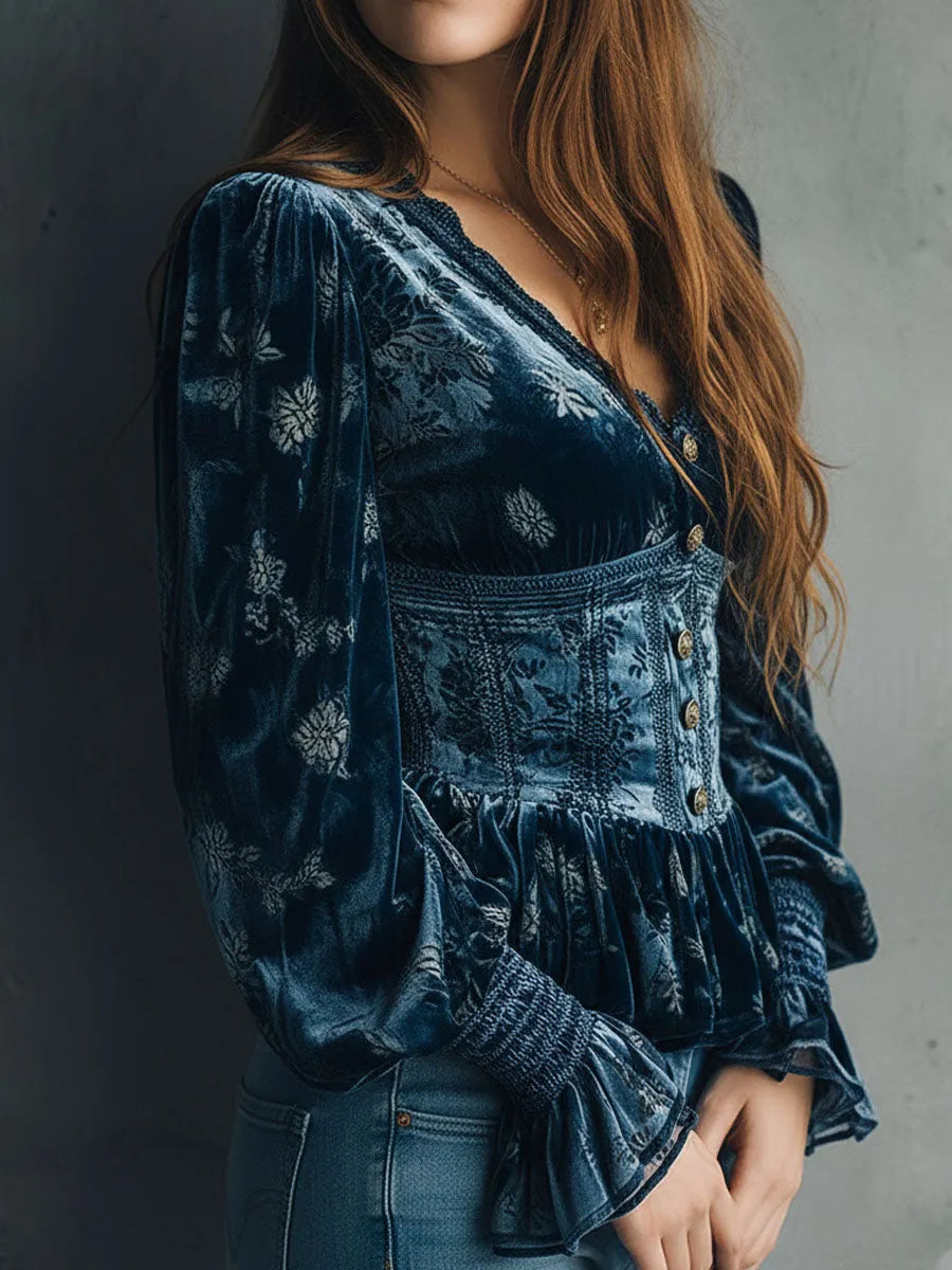 Vintage Blue Velvet Floral Print Corset Style Blouse