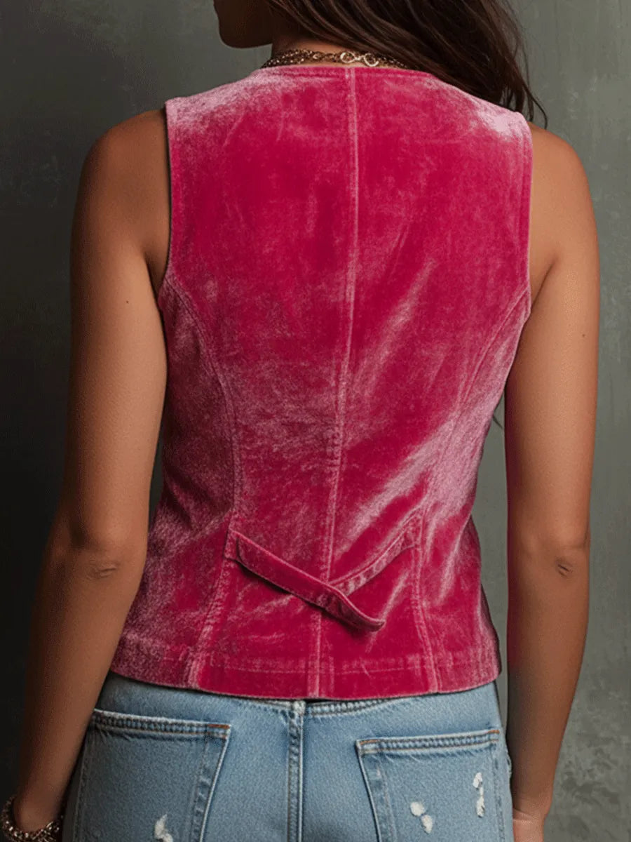 Retro Bohemian Bright Pink Velvet Vest