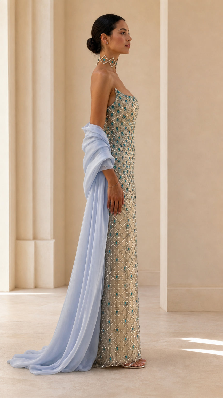 Strapless Beaded Column Evening Gown with Draped Chiffon Shawl
