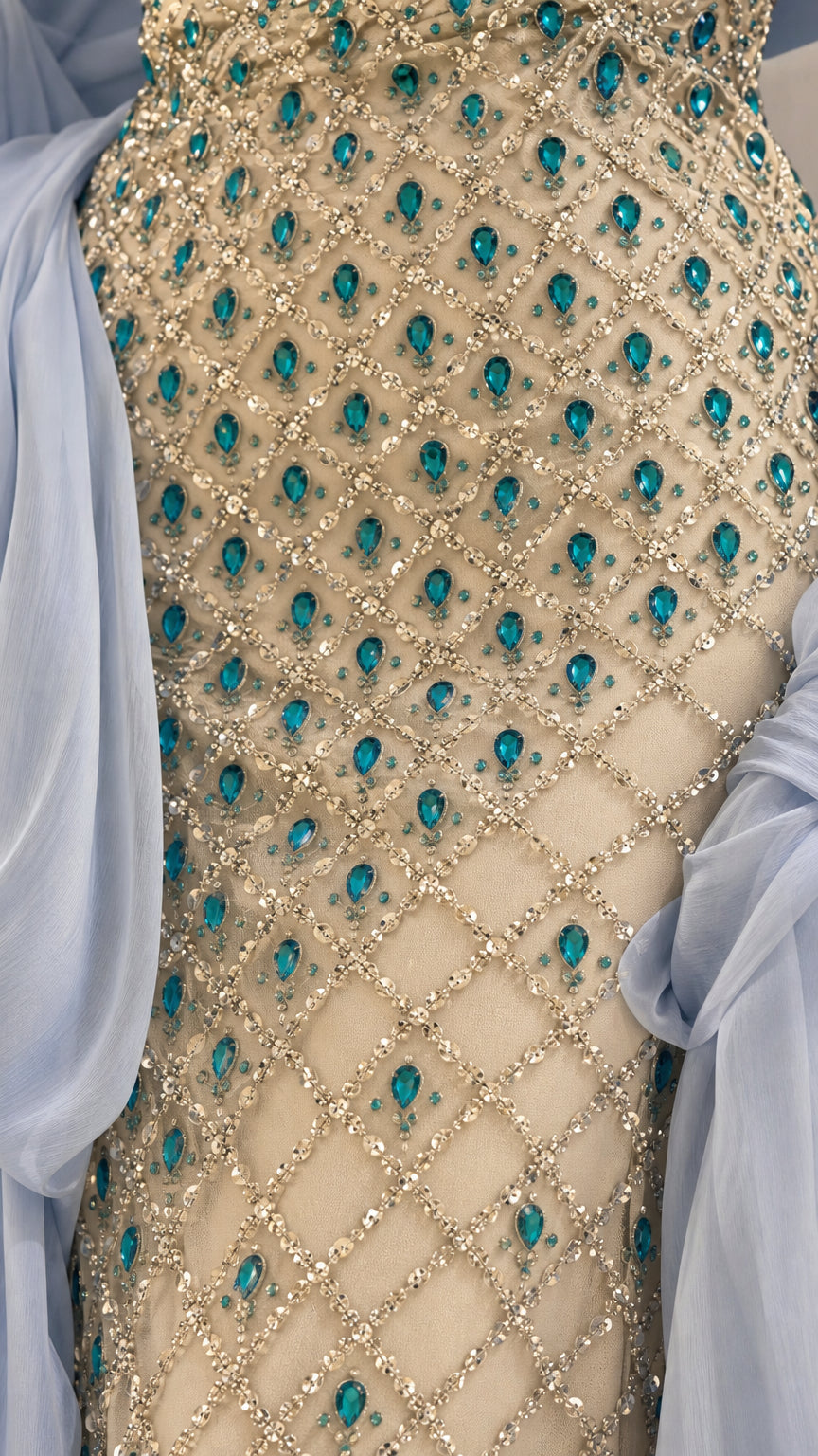 Strapless Beaded Column Evening Gown with Draped Chiffon Shawl