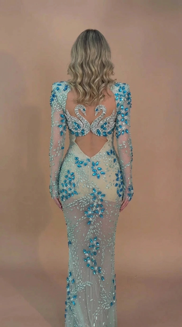 Rhinestone Embellished Illusion Long Sleeve Maxi Gown with Cutout Back