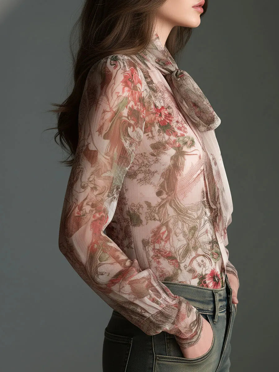 Retro Romantic Floral Chiffon Bow-Tie Blouse
