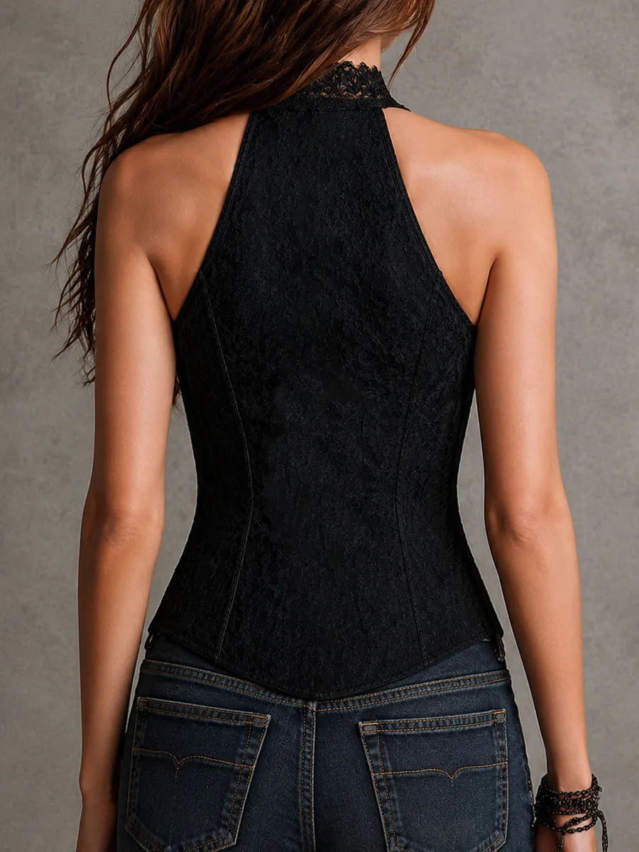Retro Elegant Black Lace Button-Front Halter Corset Vest