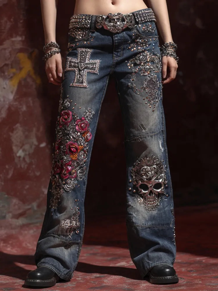 Retro Rock Style Skulls & Cross Studded Distressed Bootcut Jeans