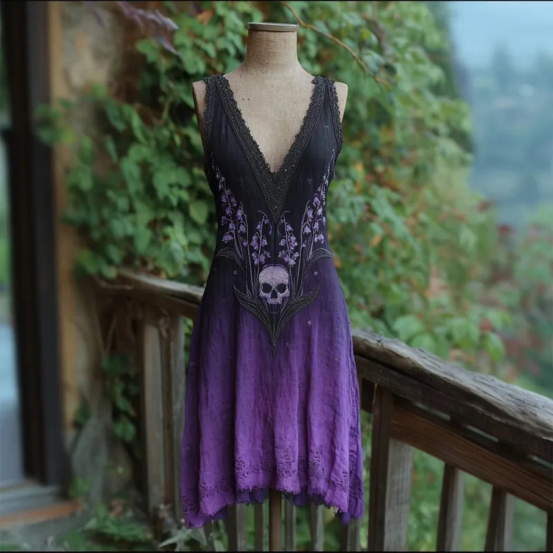Retro Lily Of The Valley & Skull Embroidered Linen Mini Dress