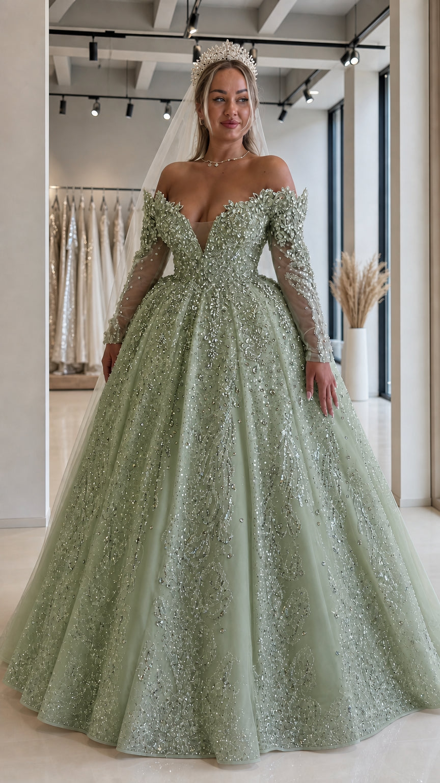 Off-the-Shoulder Long Sleeve Beaded Sequin Ball Gown Wedding Dress