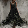 Vintage Gothic Black Roses Vines Fiber Art Flowy Linen Dress